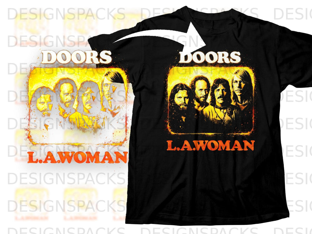 Black t-shirt with "DOORS L.A.WOMAN" text and a distressed band portrait graphic.