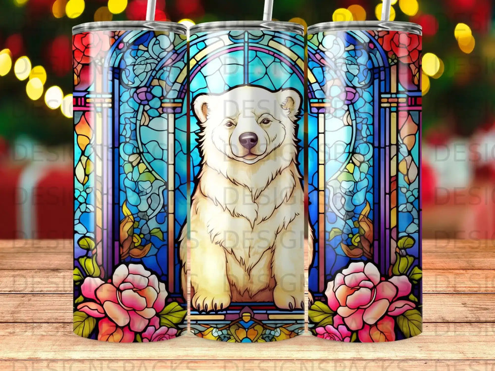 White bear centered in stained glass window with floral accents.
