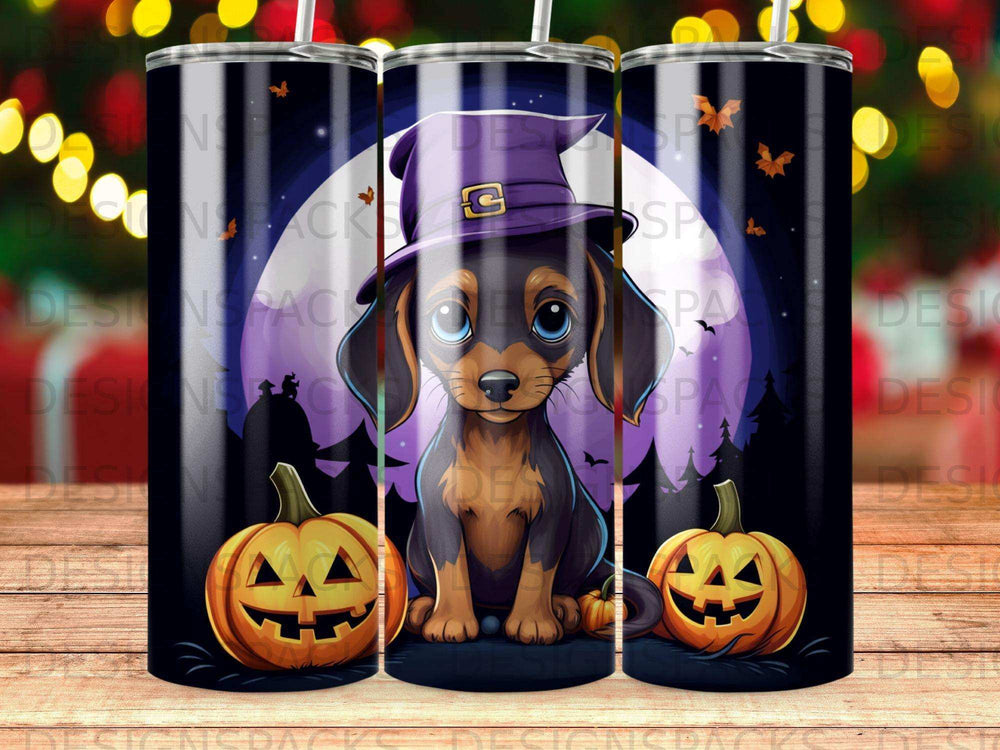 Dachshund in witch hat between carved pumpkins under moon.