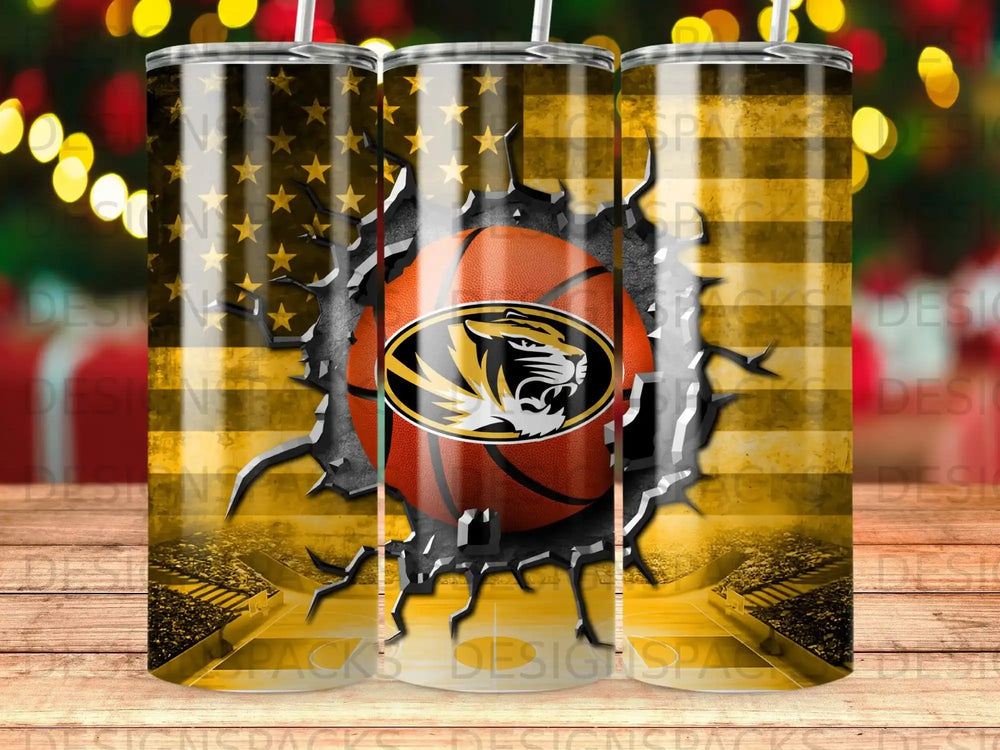 Basketball with tiger logo emerging from cracked American flag and stadium.