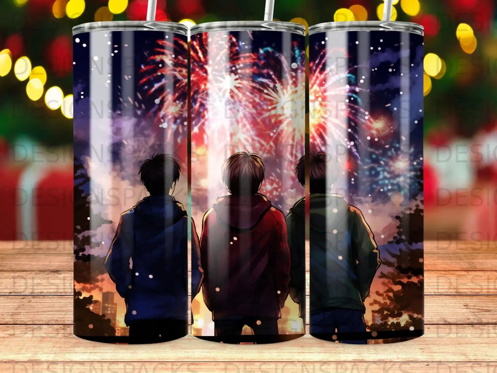 Three figures watch fireworks over a city skyline at night.