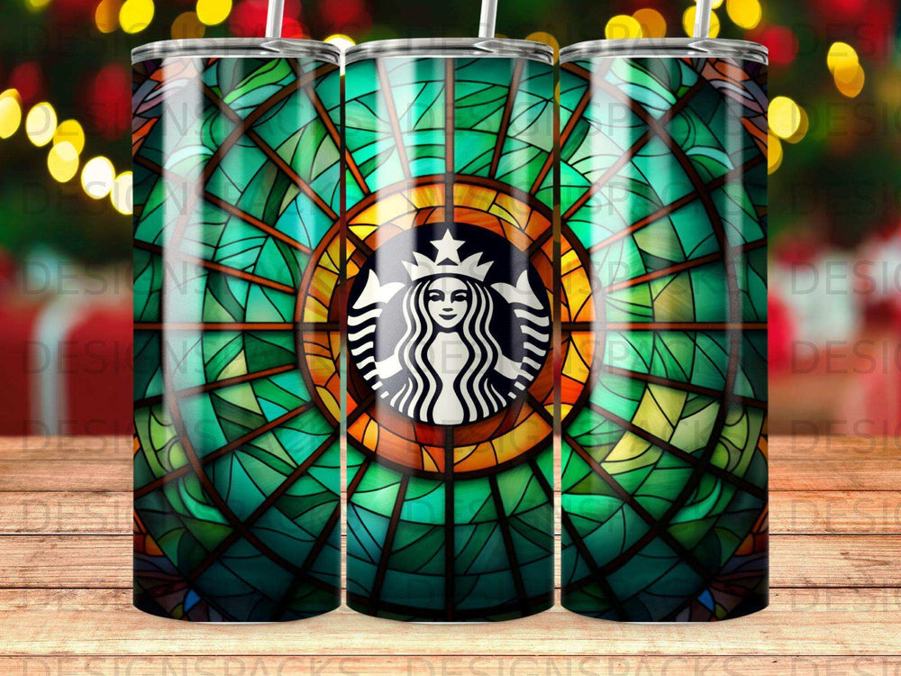 Starbucks logo on a stained glass window pattern tumbler.