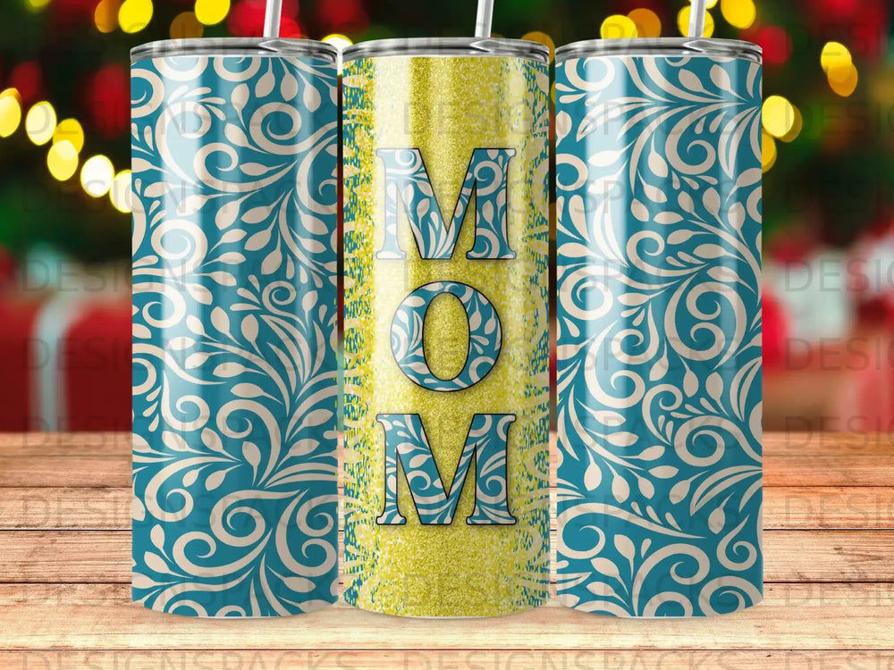Two tumblers with blue floral pattern and "MOM" in glitter.