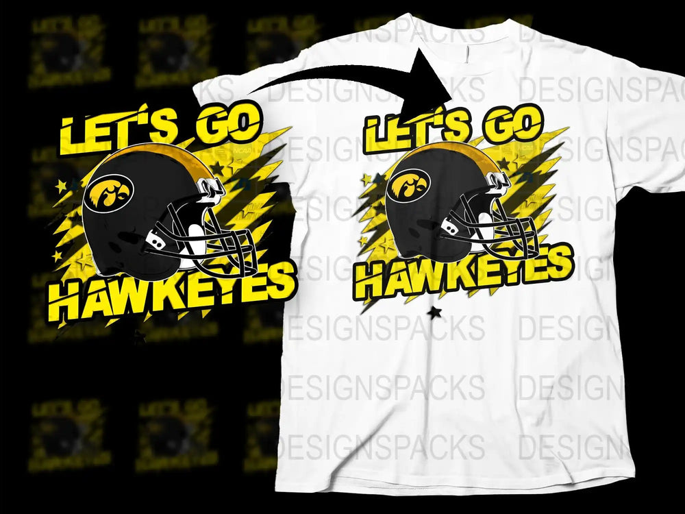Iowa Hawkeyes T-Shirt, Let's Go Graphic Tee, College Football Fan Apparel, Black and Yellow Helmet Design