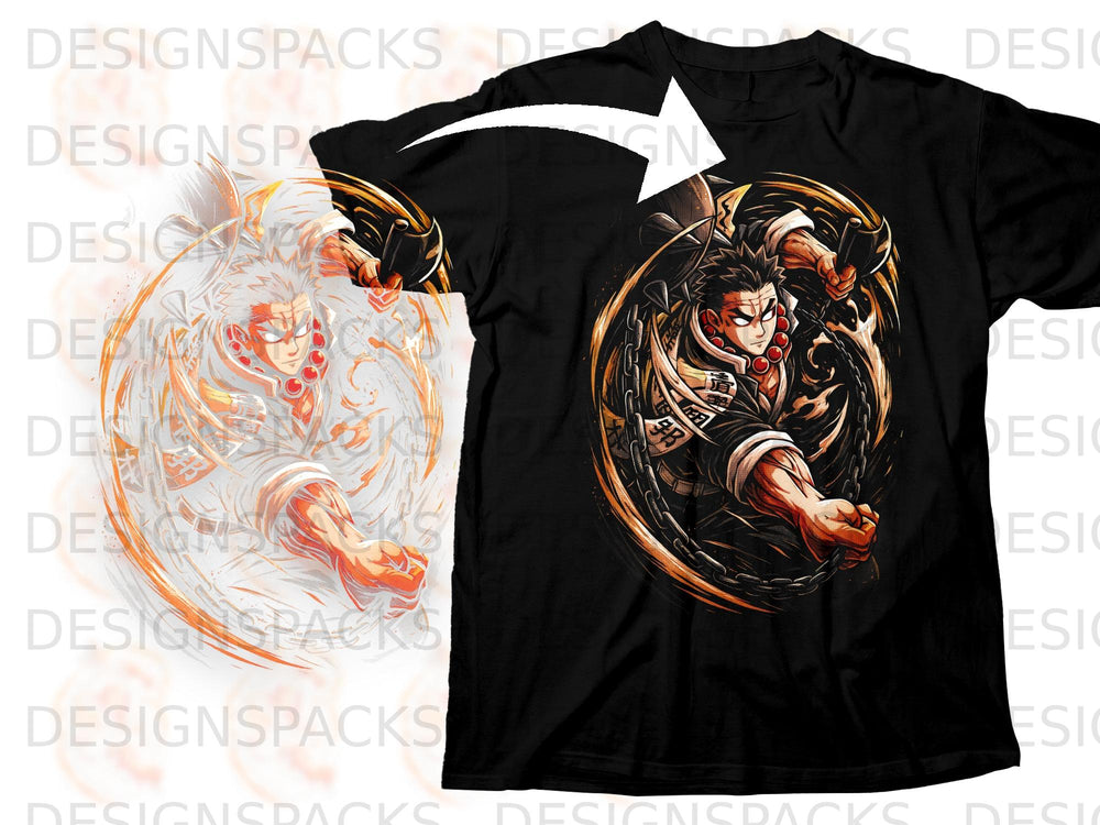 Black t-shirt with anime-style illustration of a determined warrior with chains.