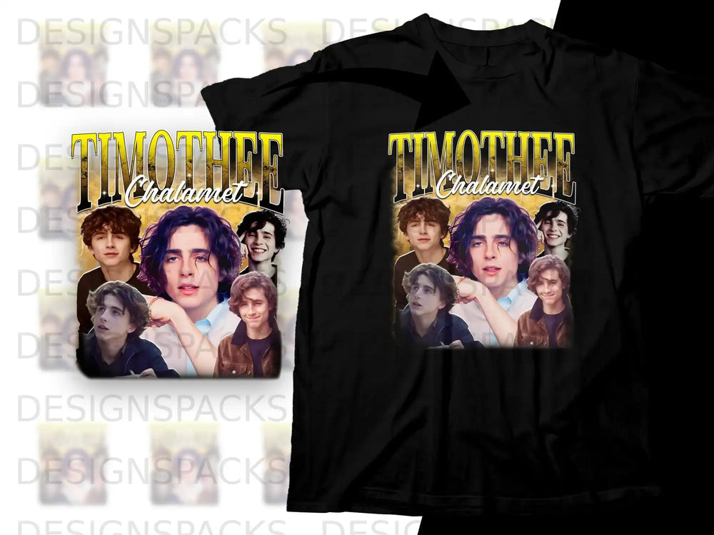 Black t-shirt with collage of Timothée Chalamet photos and his name.