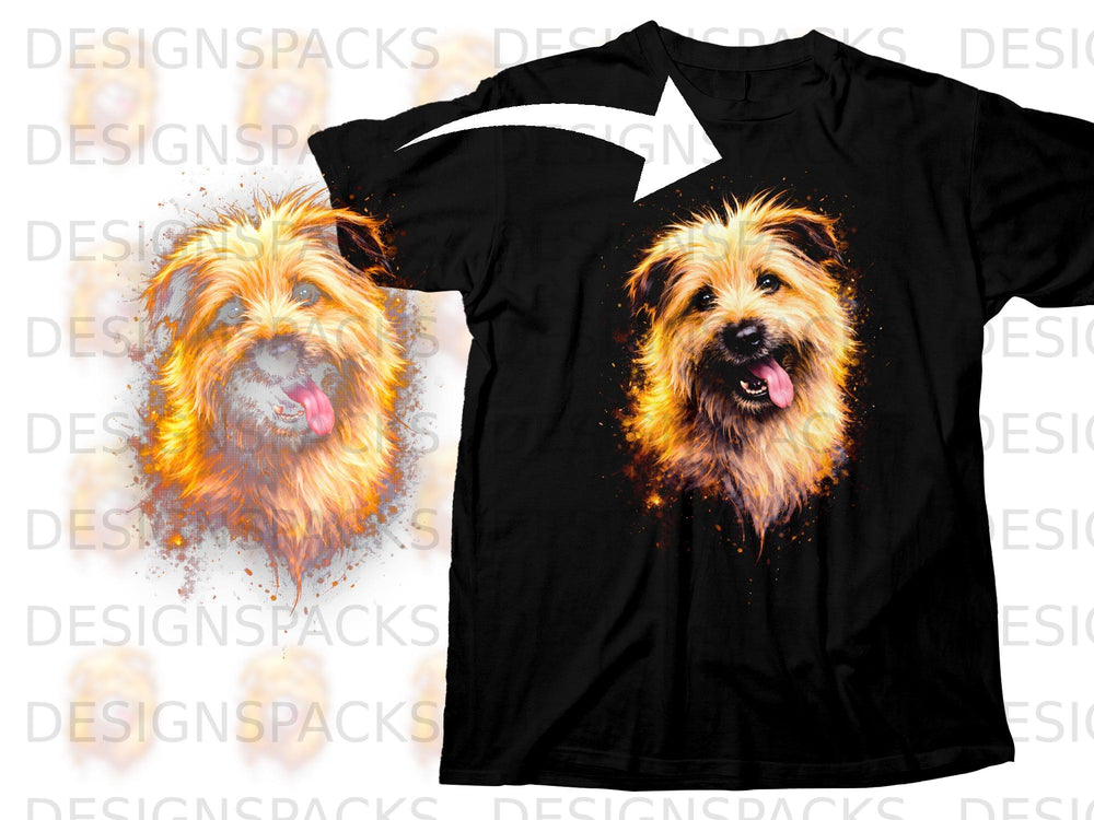 Black t-shirt with a vibrant watercolor painting of a shaggy dog's face.
