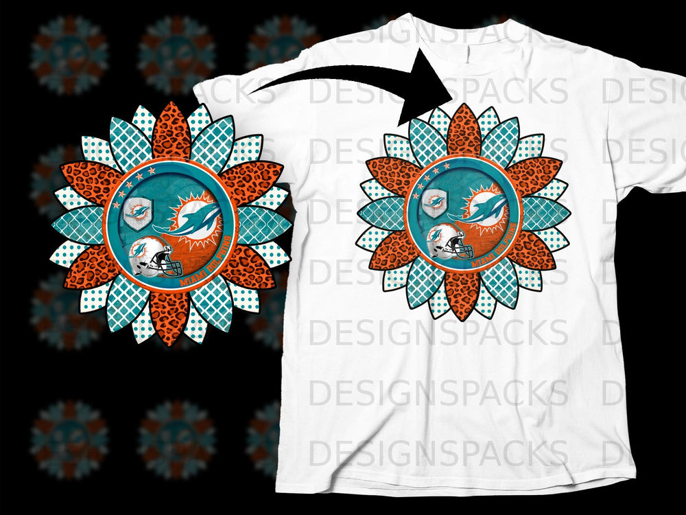 Miami Dolphins sunflower logo with leopard print and teal diamond patterns.
