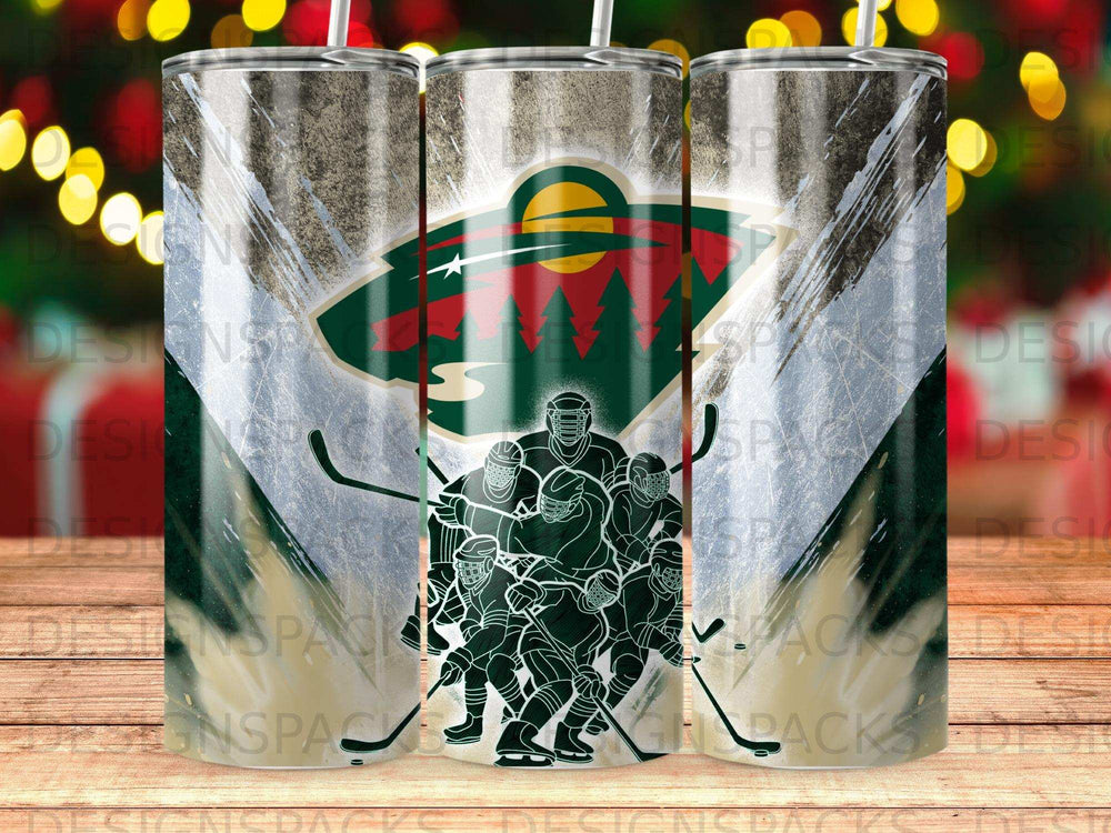 Minnesota Wild hockey team logo on a camouflage pattern tumbler with hockey sticks.