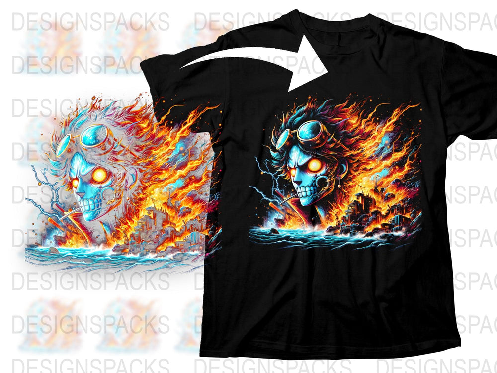 Men's Graphic T-Shirt, Fiery Skull Design, Neon Blue and Orange Flames, Bold Statement Tee, Unique Artistic Print, Cotton Shirt