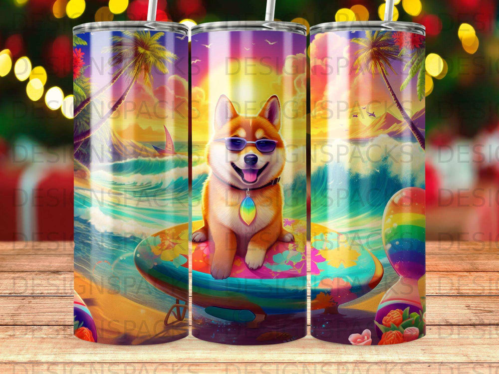Shiba Inu wearing sunglasses on a surfboard with a beach sunset backdrop.