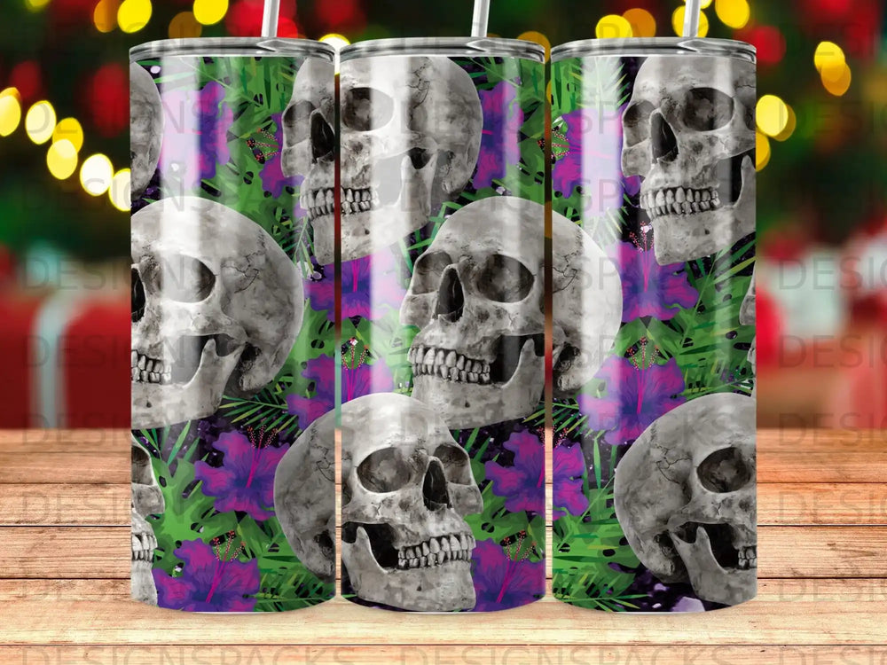 Skull and hibiscus pattern on a tumbler.
