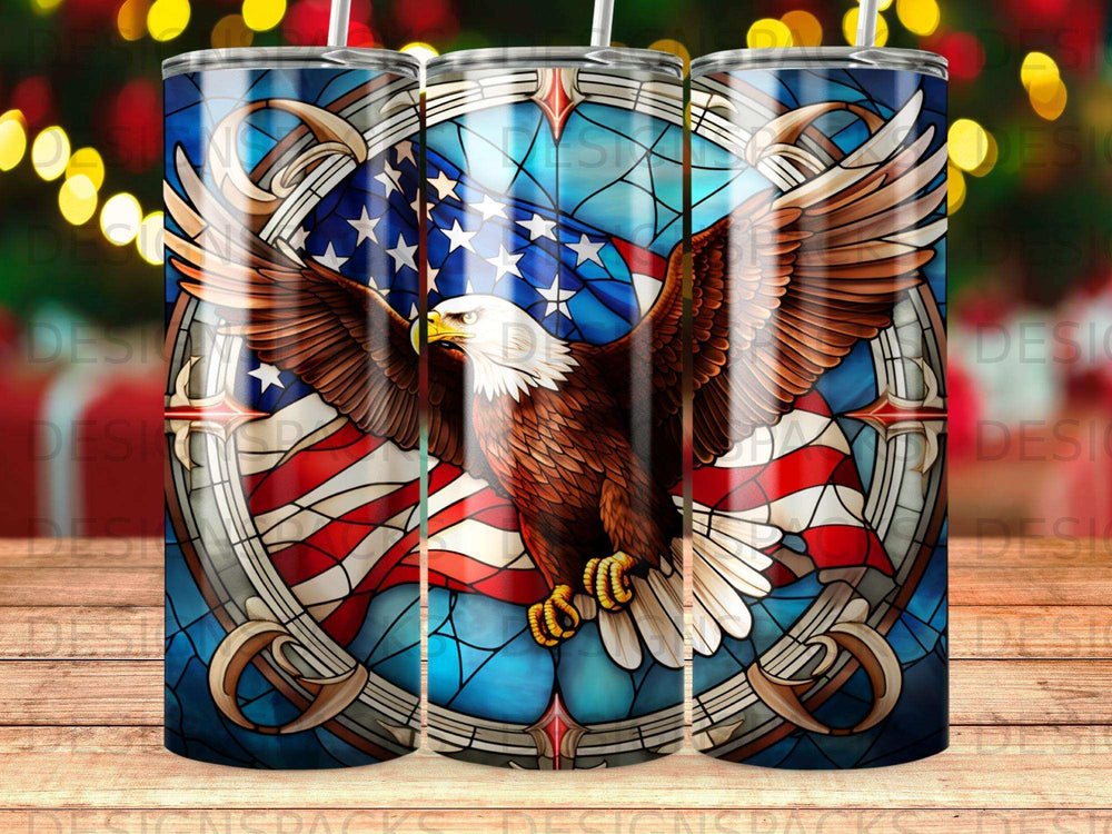 Stained glass eagle and American flag design on a tumbler.