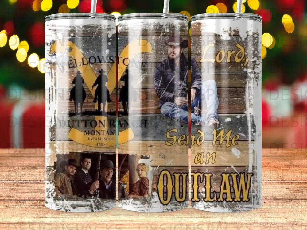 Yellowstone Dutton Ranch tumbler with cowboy, horses, and text.