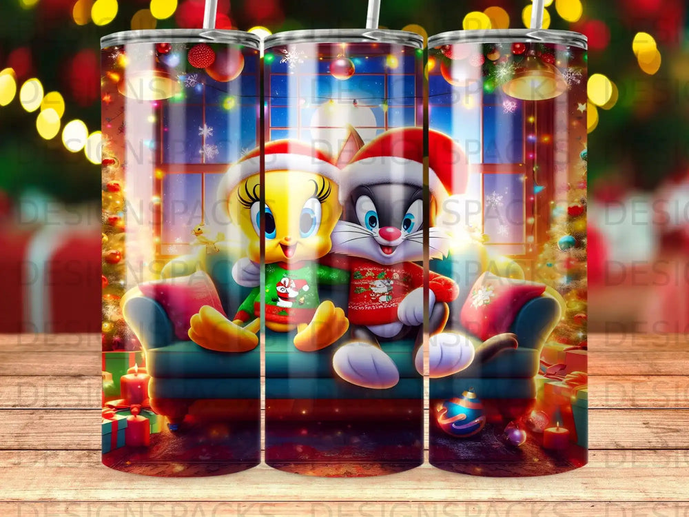 Tweety and Sylvester characters in holiday sweaters sitting on a couch.