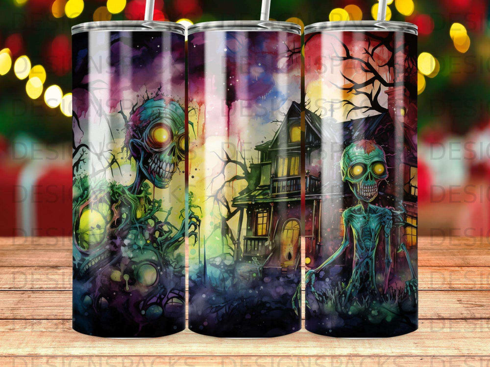 Spooky zombie and haunted house watercolor design on a tumbler.