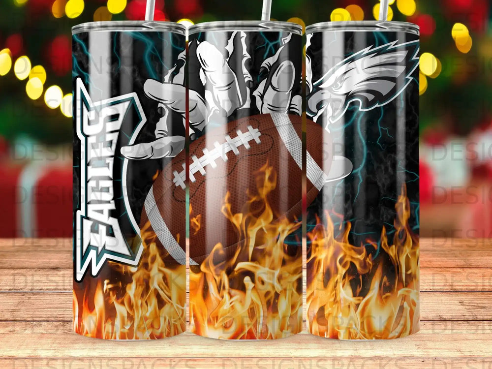 Philadelphia Eagles football and flaming wings logo on a tumbler.