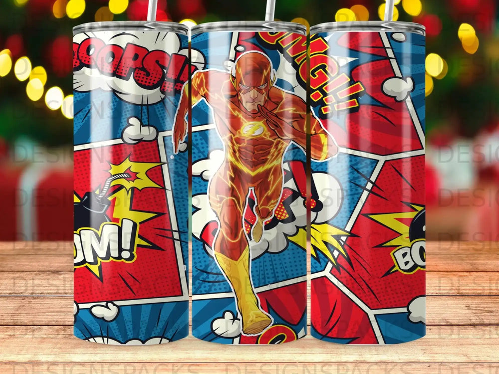 The Flash in comic book style, running with "POW!" and "BAM!" sound effects.