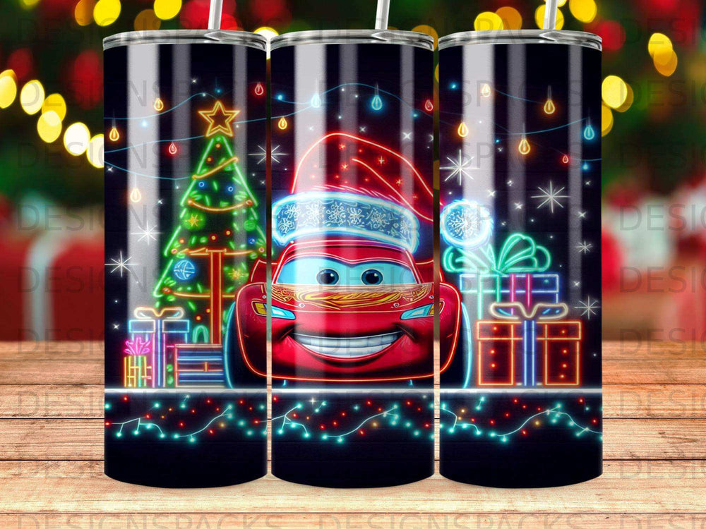 Lightning McQueen in Santa hat with Christmas tree and gifts on black background.