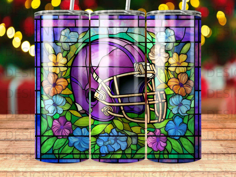Purple football helmet surrounded by stained glass flowers.