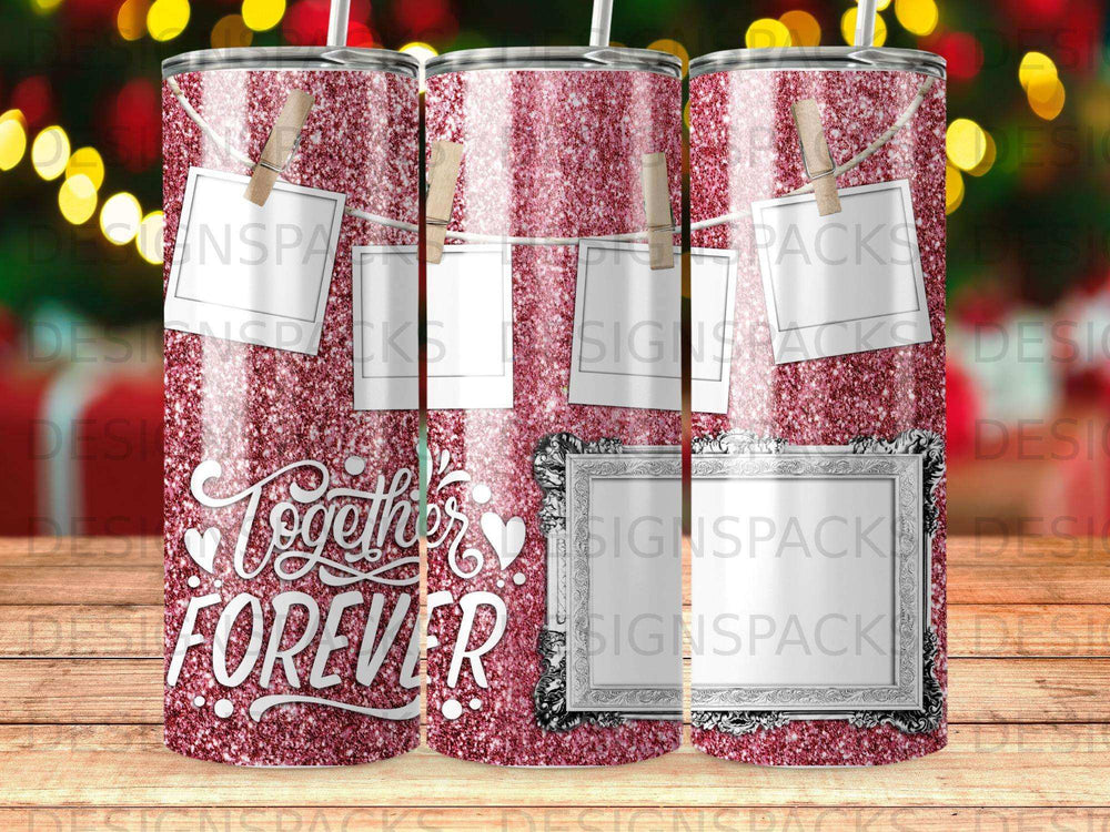Glitter tumbler with "Together Forever" and empty photo frames on strings.