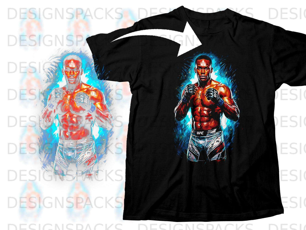 Black t-shirt featuring UFC fighter Israel Adesanya in vibrant illustration.