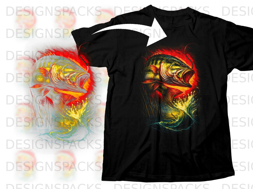 Black t-shirt with a vibrant largemouth bass jumping from water with a fishing hook.