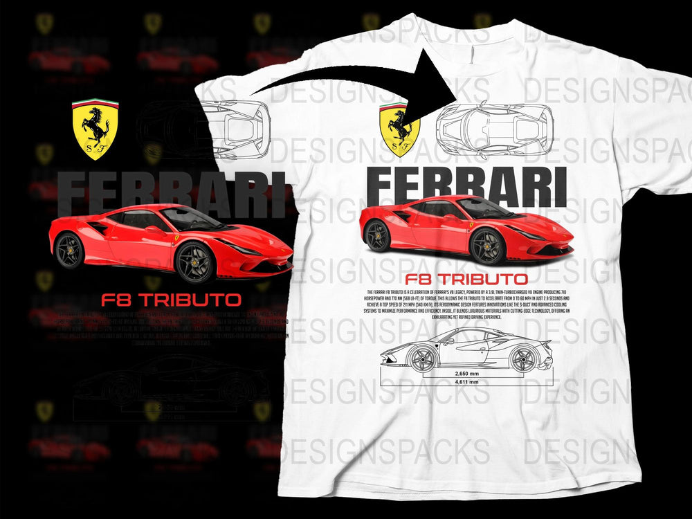 Ferrari F8 Tributo Graphic T-Shirt, Automotive Car Design, Red Sports Car Tee, Racing Enthusiast Apparel, Italian Luxury Car Merchandise