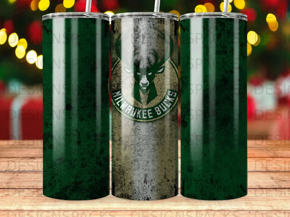 Milwaukee Bucks logo on three green and distressed tumblers.