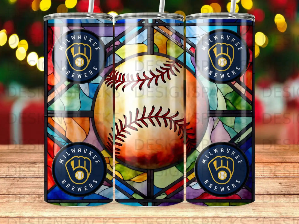 Milwaukee Brewers baseball tumbler with stained glass pattern.