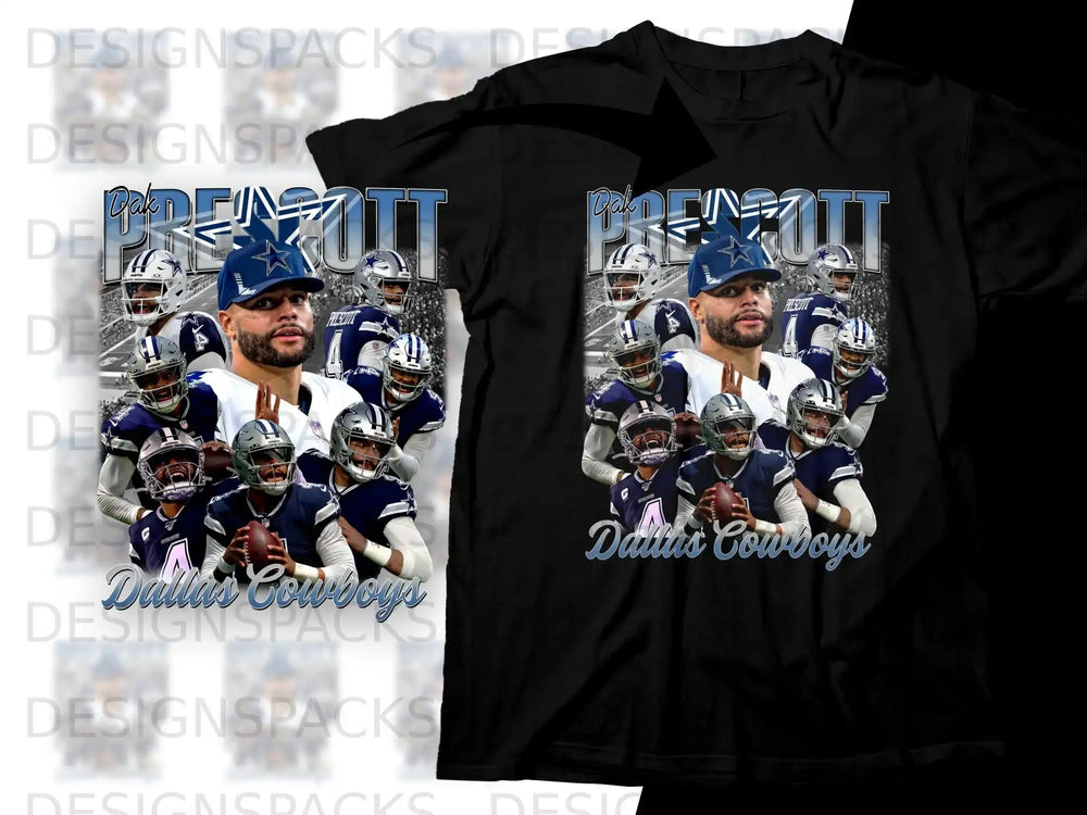 Dak Prescott Dallas Cowboys collage graphic on black t-shirt.