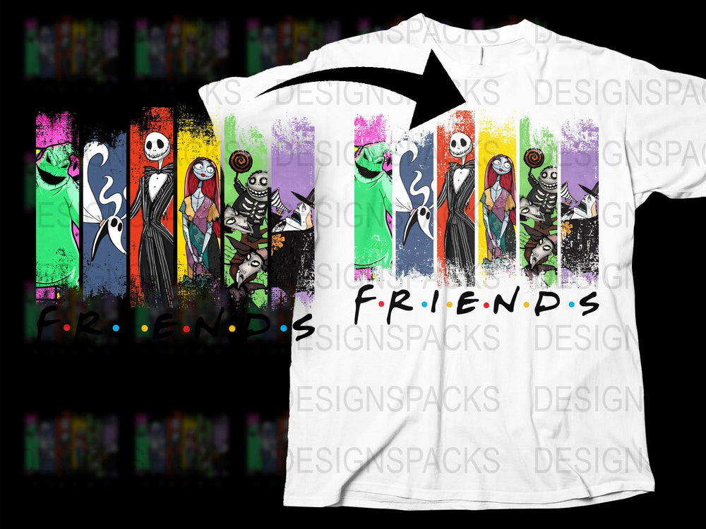 Colorful Nightmare Before Christmas Inspired Friends T-Shirt, Unique Pop Culture Graphic Tee