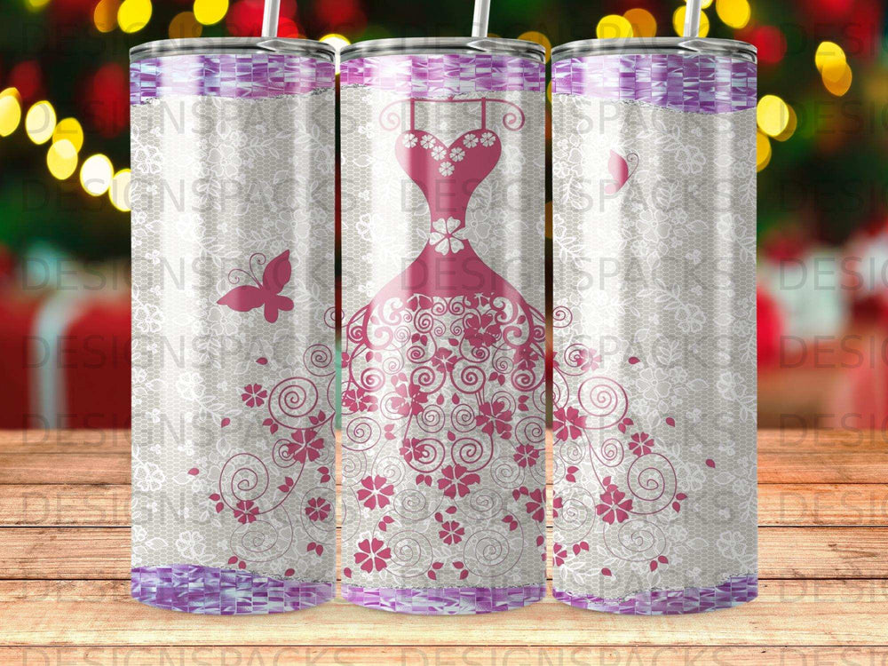 Pink floral dress with butterfly motif on a patterned tumbler.