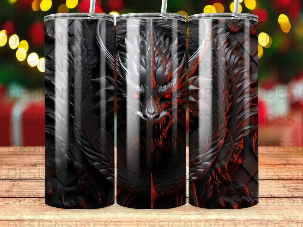 Black dragon tumbler with red eyes and embossed scales, featuring a dark, textured background.