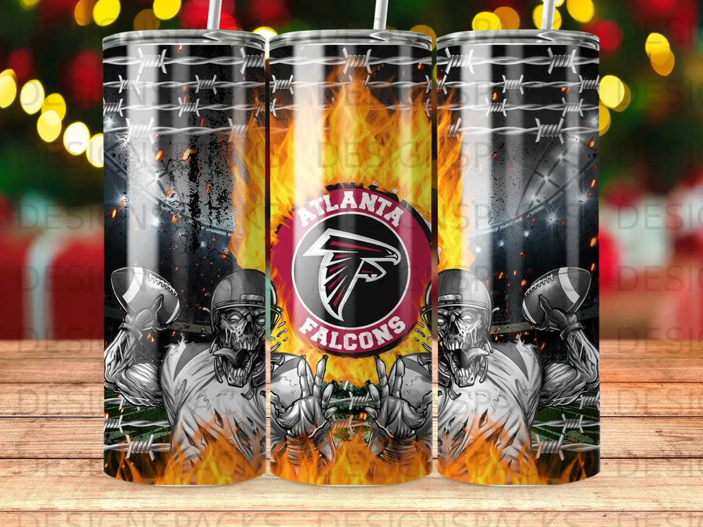 Atlanta Falcons football players with flaming barbed wire background.