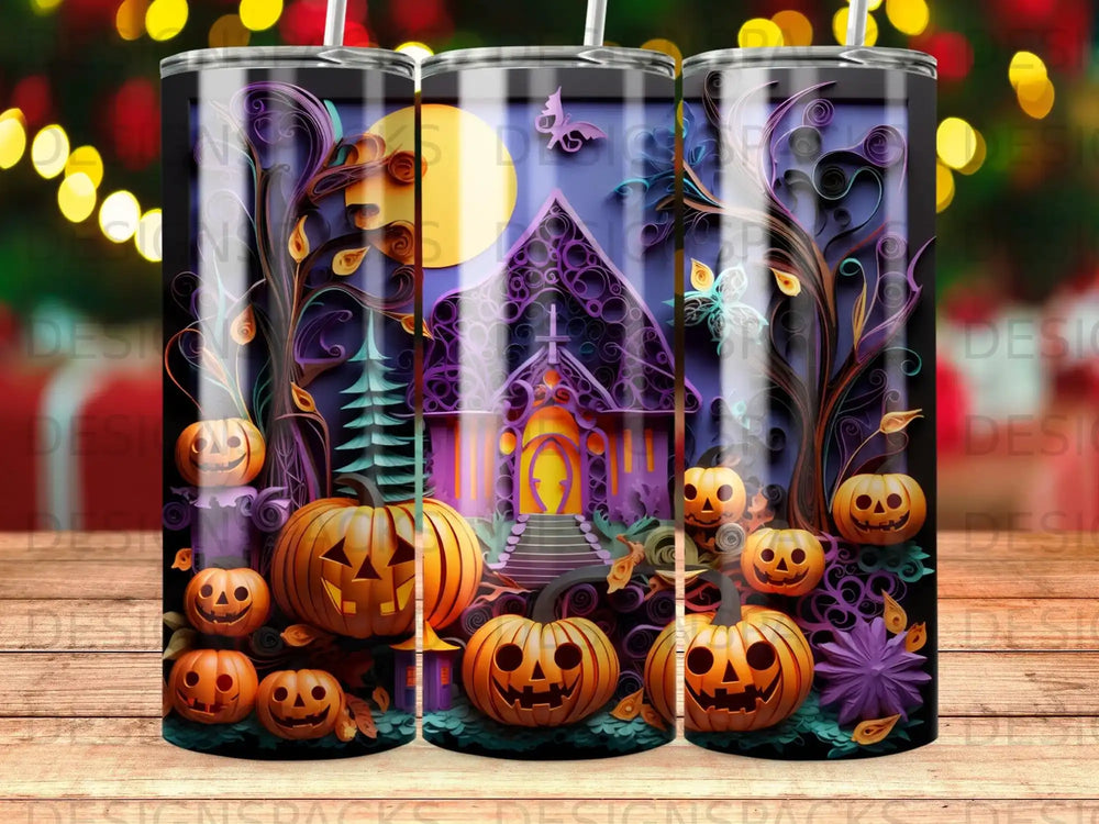 Halloween tumbler with jack-o'-lanterns and spooky church under a moonlit sky.