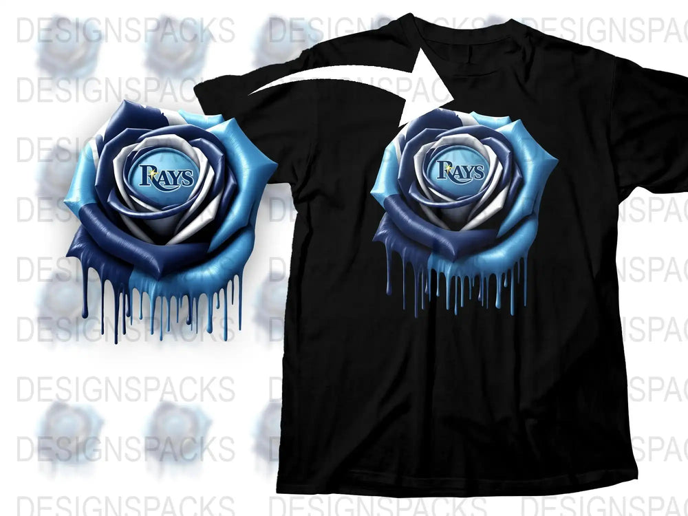 Tampa Bay Rays Floral Logo Drip Design T-Shirt, Blue Rose Graphic Tee for Sports Fans
