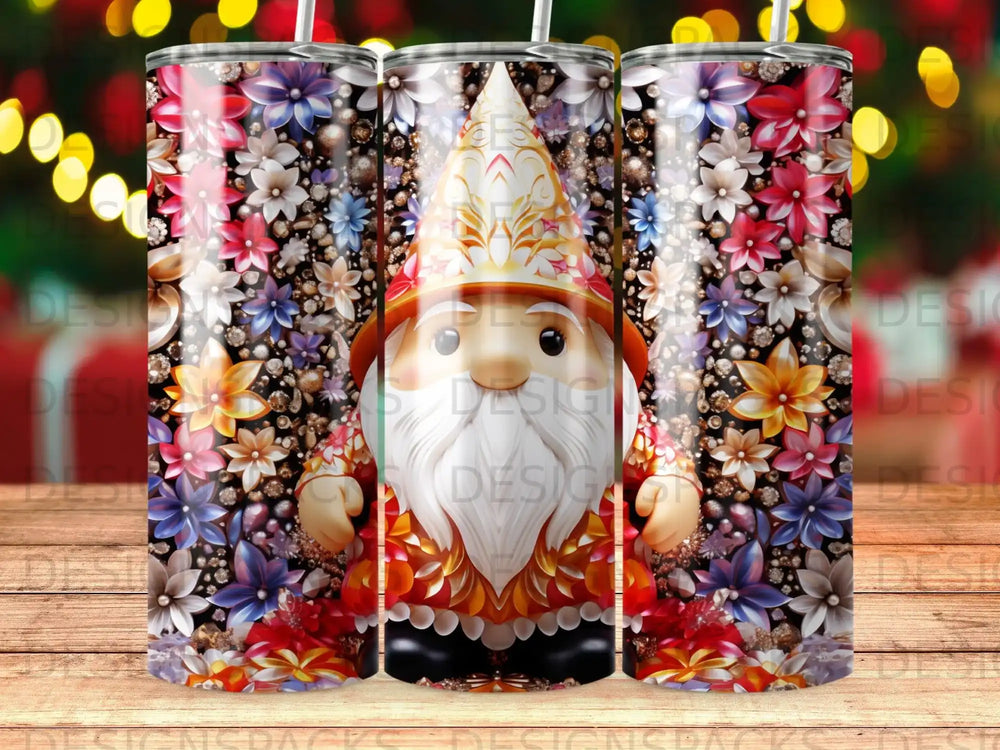 Gnome with floral pattern hat surrounded by colorful flowers.