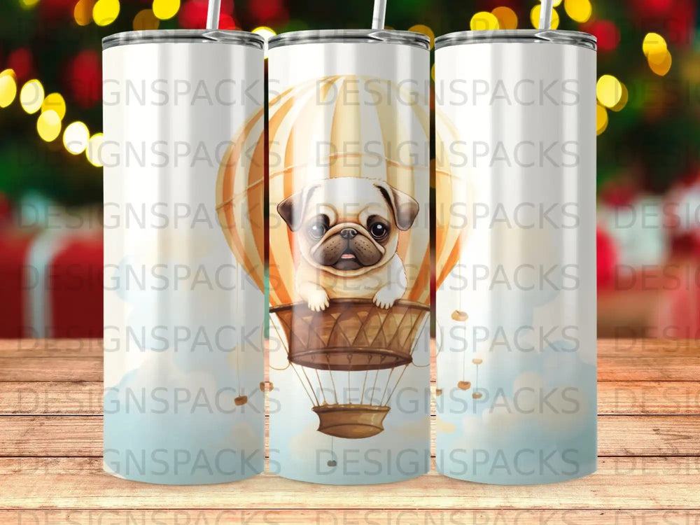 Pug in hot air balloon with sky background.