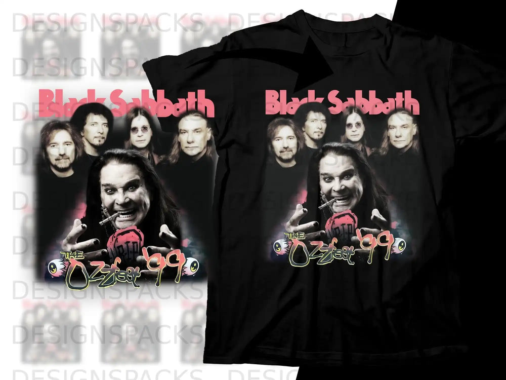 Black Sabbath album cover graphic on a black t-shirt.