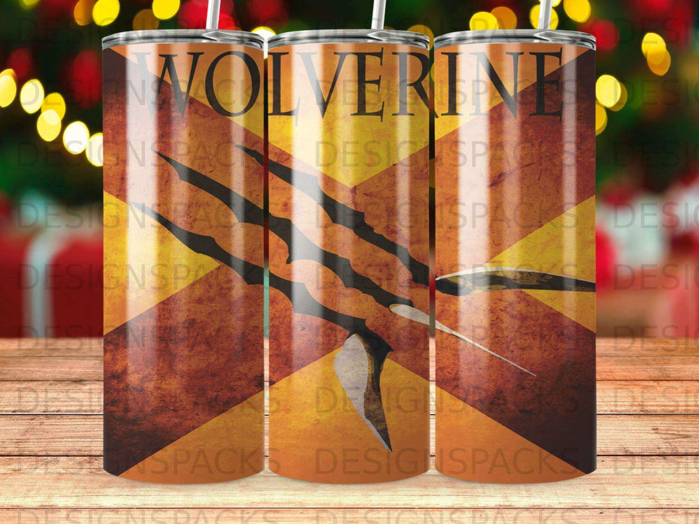 Wolverine logo with claw marks on a metallic tumbler.