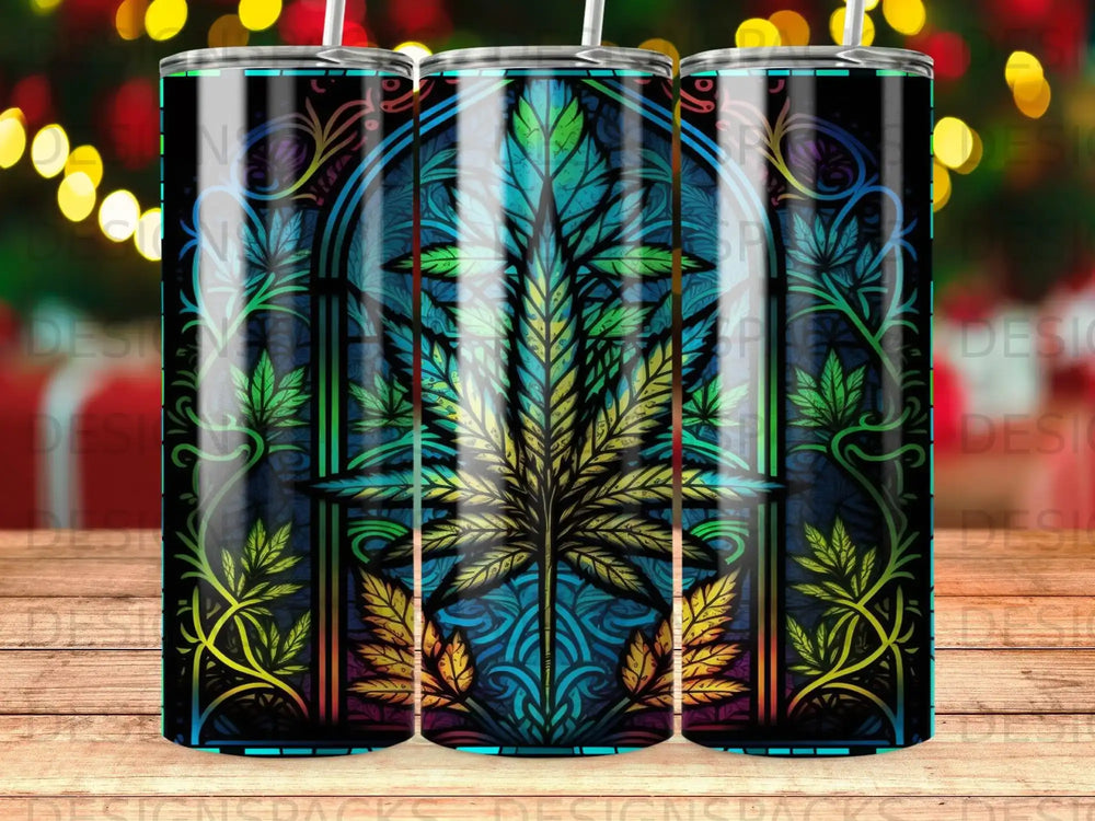 Stained glass style cannabis leaf tumbler with vibrant, flowing border.