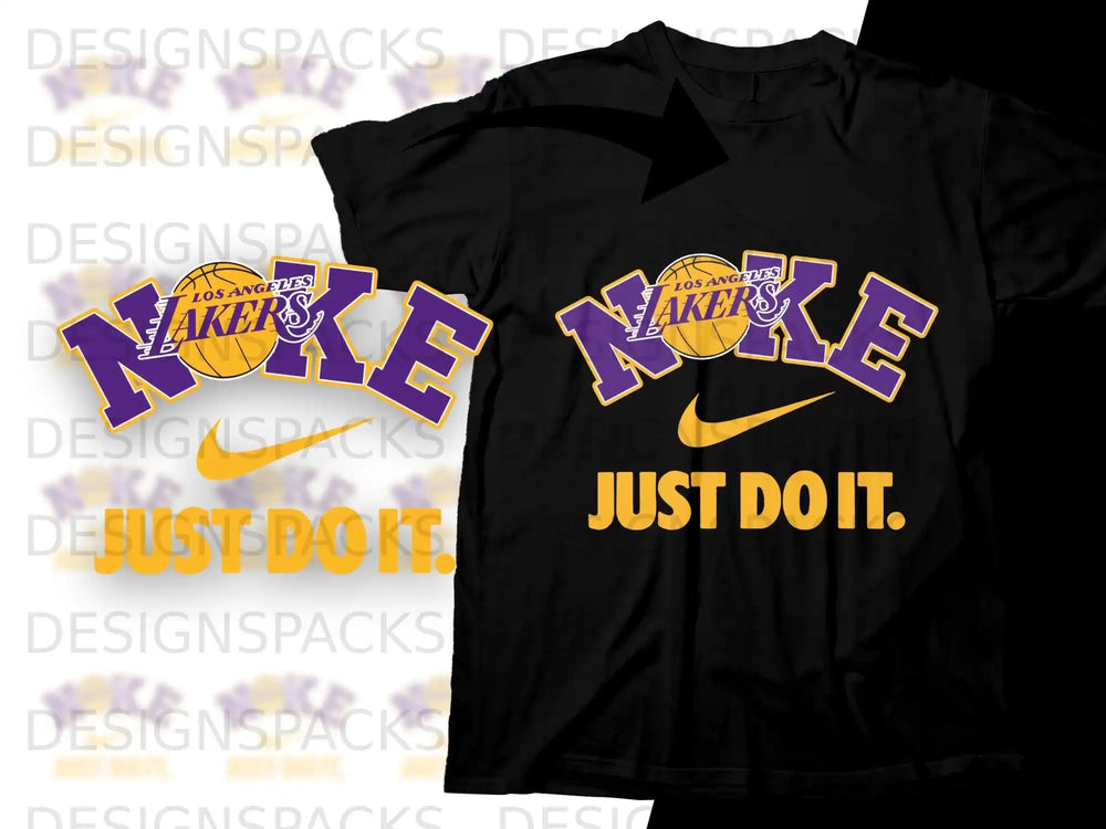 Black t-shirt with Lakers logo and "JUST DO IT." slogan.