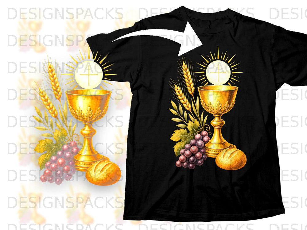 Black t-shirt with a golden chalice, grapes, wheat, bread, and host.