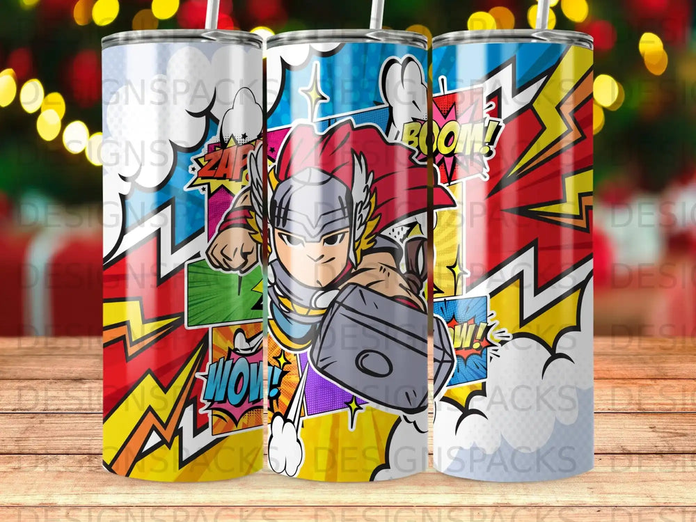 Thor holding Mjolnir with comic book style "ZAP!" and "BOOM!" sound effects.