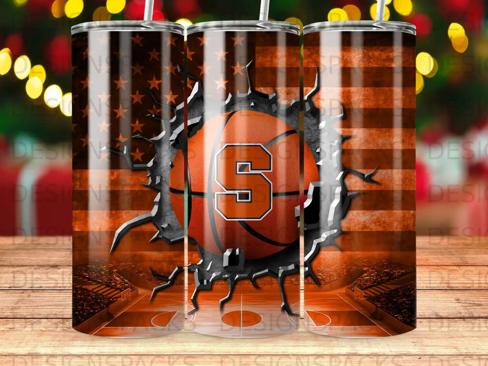 Syracuse orange basketball with cracked American flag background on tumbler.