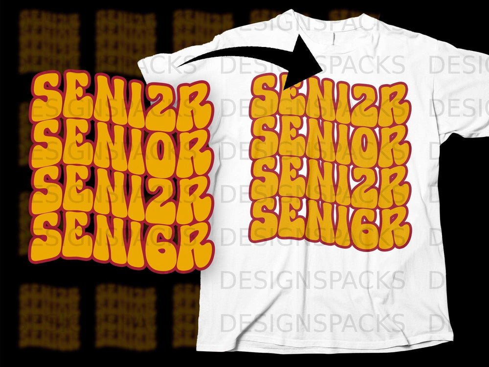 White t-shirt with "SENIOR" repeated in a wavy, retro font in yellow and red.
