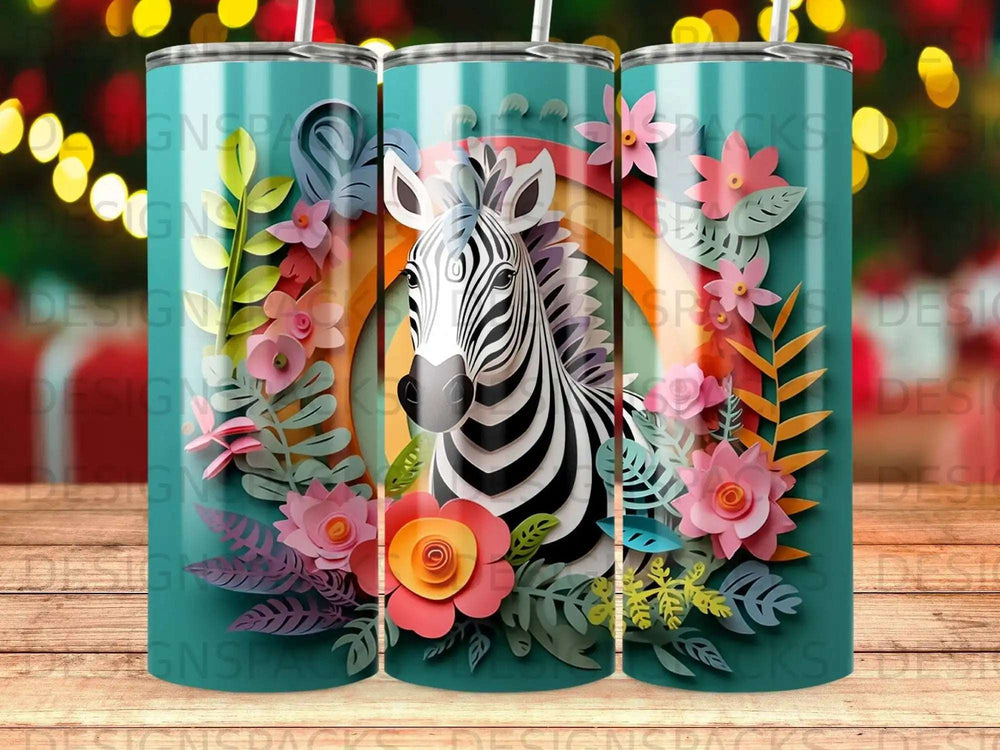 Zebra with flowers and rainbow on teal background.