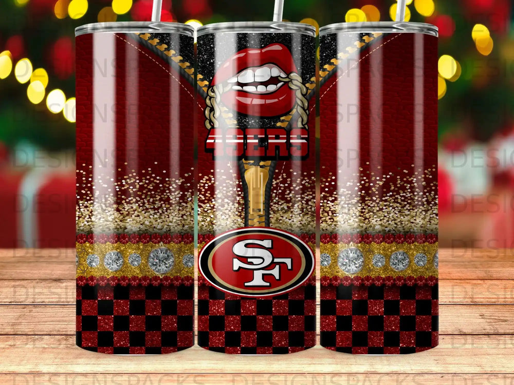 Red glitter tumbler with NFL 49ers logo and sparkly zipper design.