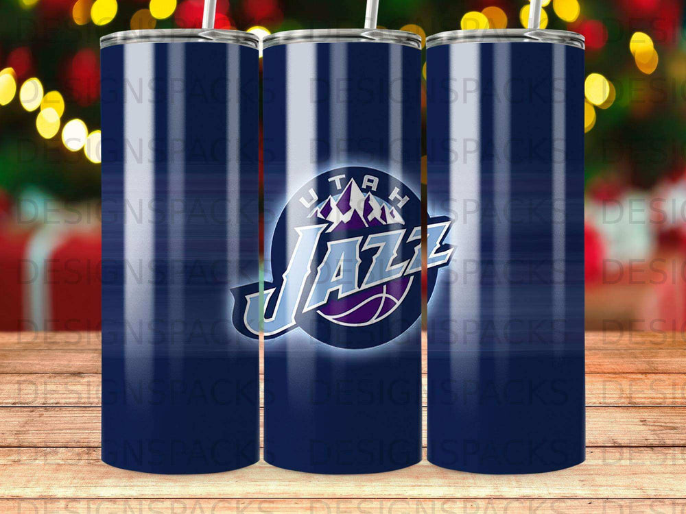Utah Jazz logo on a dark blue patterned tumbler.